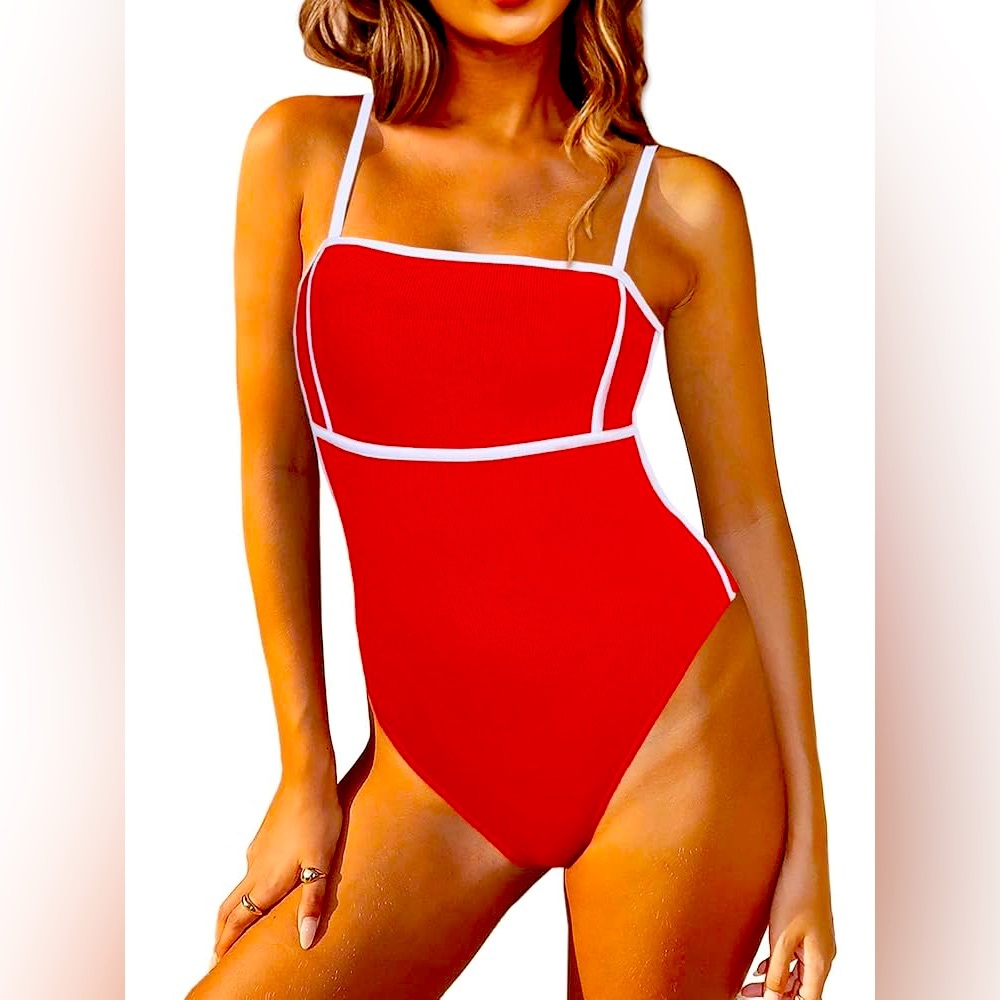 #S37 - Red One-Piece Swimsuit with White Trim - Large